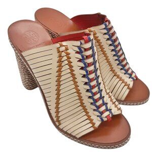 Tory Burch Pecha Woven Leather Mules in Dulce De Leche SZ 8